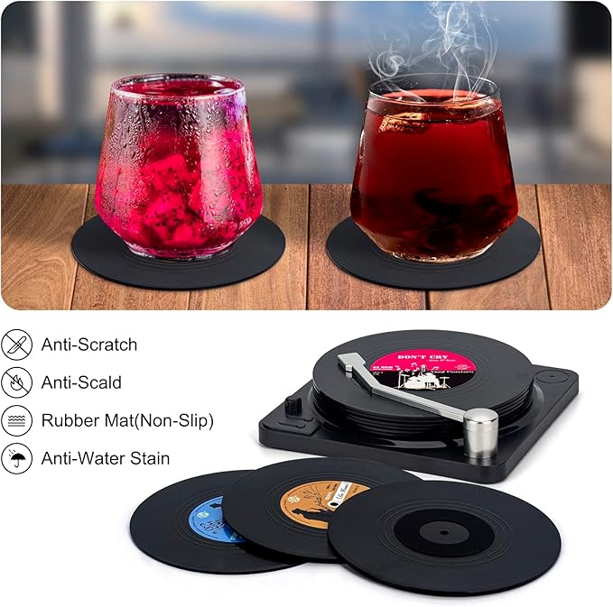Valdivia Funny Retro Vinyl Record Coasters with Player, 6 Pcs Music Coasters for Drinks, Bars, Party, Birthday Gifts for Music Lovers, Home Decor Housewarming and White Elephant Gifts Ideas