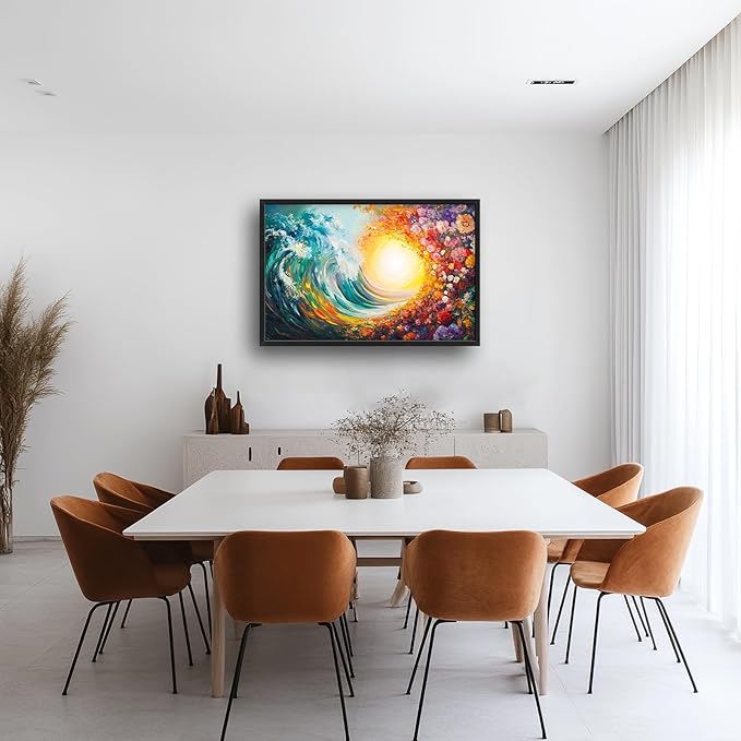 Ocean Framed Wall Art for Living Room, Large Waves with Flowers Canvas Wall Decor, Vintage Beach Pictures Painting, Modern Landscape Artwork for Bathroom Bedroom 36L'' × 24W''