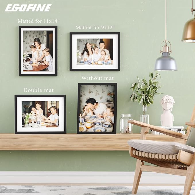 Egofine 12x16 Picture Frames Set of 4, Made of Solid Wood Covered by Plexiglass 9x12 and 11x14 with Mat or 12x16 without Mat, for Wall Mounting Photo Frame Black