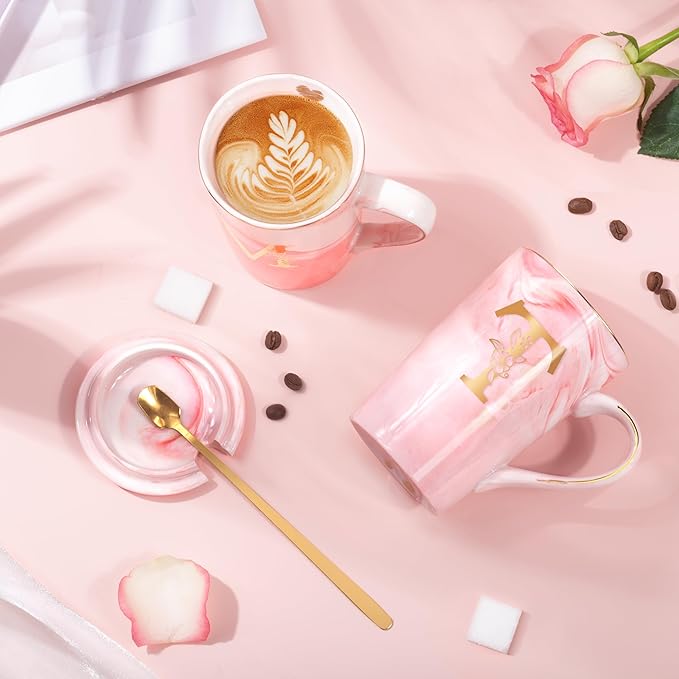 Personalized Marble Ceramic Mug Gifts for Women, 14 Oz Pink Initial Customized Gift Coffee Mug with Lid, Birthday Christmas Mother's Day Gifts for Her Wife Mom Grandma Friend Sister Unique,T