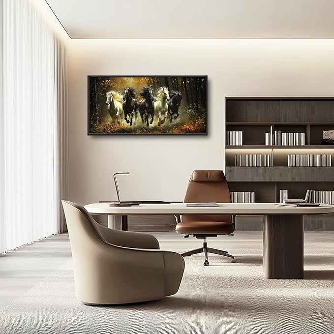 Olivine Horse Wall Art, Running Horses Pictures Wall Decor, Black And White Horse Paintings, Forest Landscape Canvas Prints, Framed Artwork for Bathroom Bedroom Living Room Office Home 60"x30"