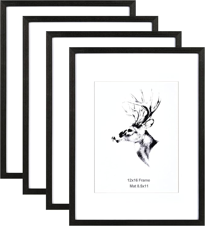 Yaetm 12x16 Black Picture Frame with Mat for 8.5x11 Set of 4, Solid Wood Frame 12 x 16 for Photos, Posters & Art Prints, Horizontal and Vertical Wall Mount (4 pack, Anthracite Black)