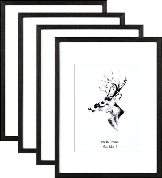Yaetm 12x16 Black Picture Frame with Mat for 8.5x11 Set of 4, Solid Wood Frame 12 x 16 for Photos, Posters & Art Prints, Horizontal and Vertical Wall Mount (4 pack, Anthracite Black)
