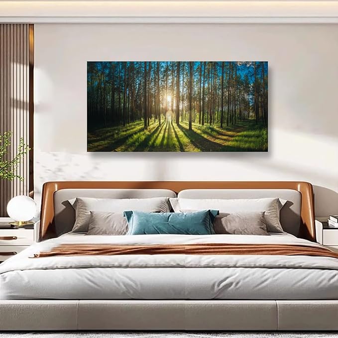 Sunrise Forest Pictures Canvas Wall Art for Living room Office Bedroom Wall Decor,Forest Wall Art Print Paintings Modern Green Nature Landscape Artwork Waterproof Ready to Hang-28x57 inch
