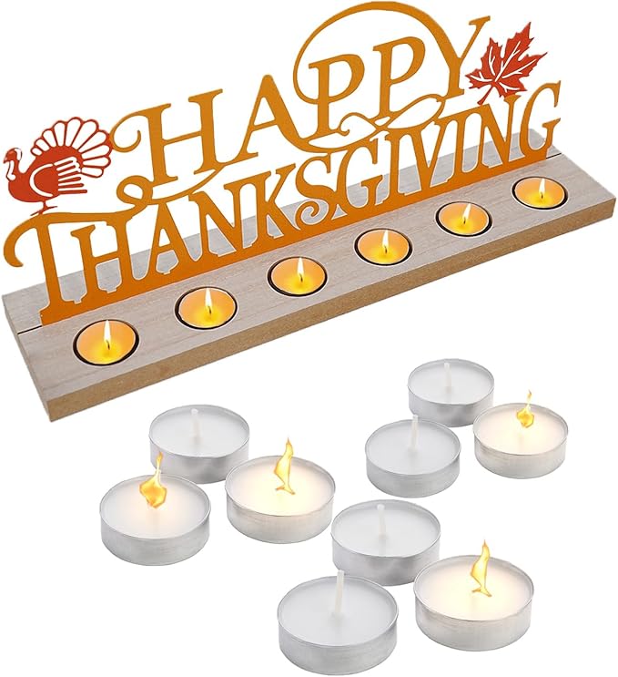 Happy Thanksgiving Metal Sign Rustic Table Decorations with Wooden Base, Tiered Tray Decor with 18pcs Tealights, Table Centerpieces Metal Word Sign for Fall Party Home Indoor Office Tabletop Mantel