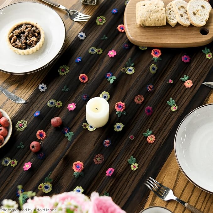 Artoid Mode Black Embroidery Daisy Gauze Table Runner 120 Inch 10FT, Seasonal Sheer Kitchen Dining Holiday Wedding Birthday Table Decor for Home Party