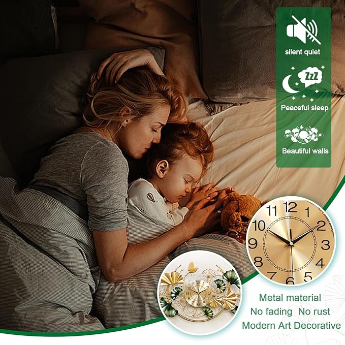 Big Wall Clock, Unique Ginkgo Leaf Decorative Wall Clocks, Luxury Metal Gold Flower Wall Decor, Silent Non-Ticking Oversized Clock for Wall, for Living Room Bedroom Kitchen Office(39.4X19.7In)