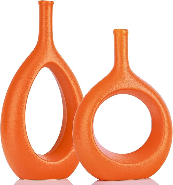 Orange Ceramic Hollow Elliptical Vase Set of 2 - Boho Circle Vase with Hole, for Modern Orange Table Decor, Living Room Decor Shelf mid Century Modern Home Entrance Decorative vase