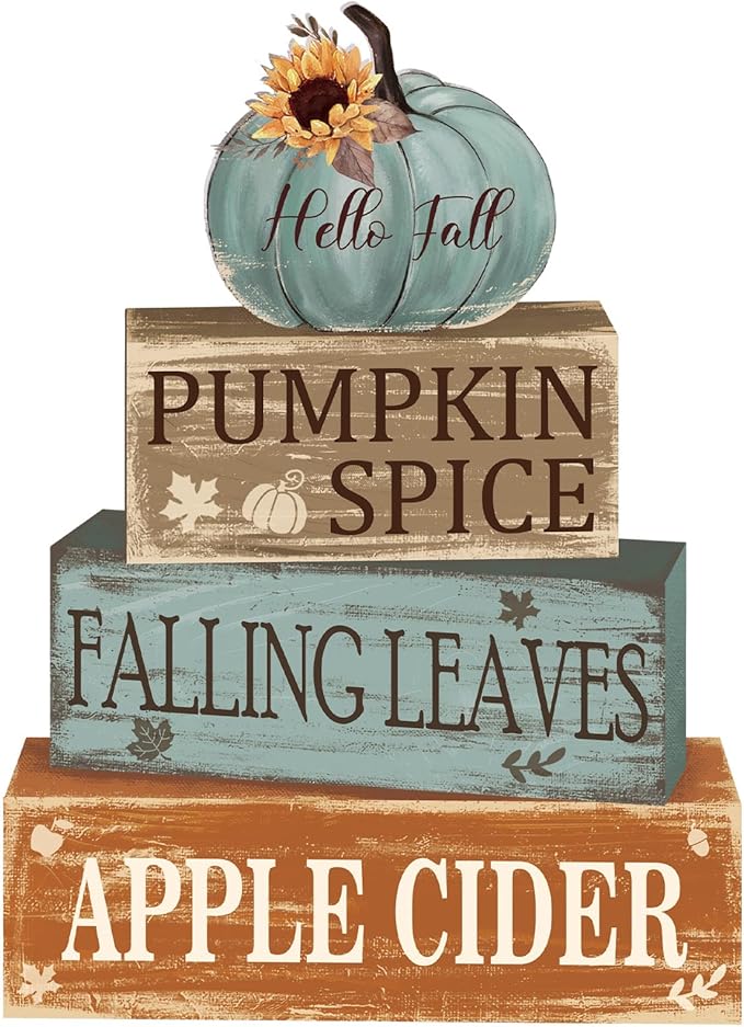 4 Pcs Fall Decor for Home Hello Fall Wooden Signs with Sunflower Autumn Thanksgiving Tiered Tray Decor Pumpkin Spice Tabletop Centerpiece Falling Leaves Block Signs for Office Kitchen Shelf