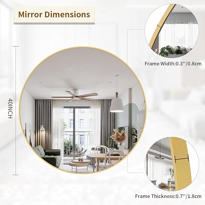 BEAUTYPEAK 40 Inch Round Mirror, Metal Frame Circle Mirror, Wall Mounted for Entryway, Bathroom, Vanity, Living Room, Gold