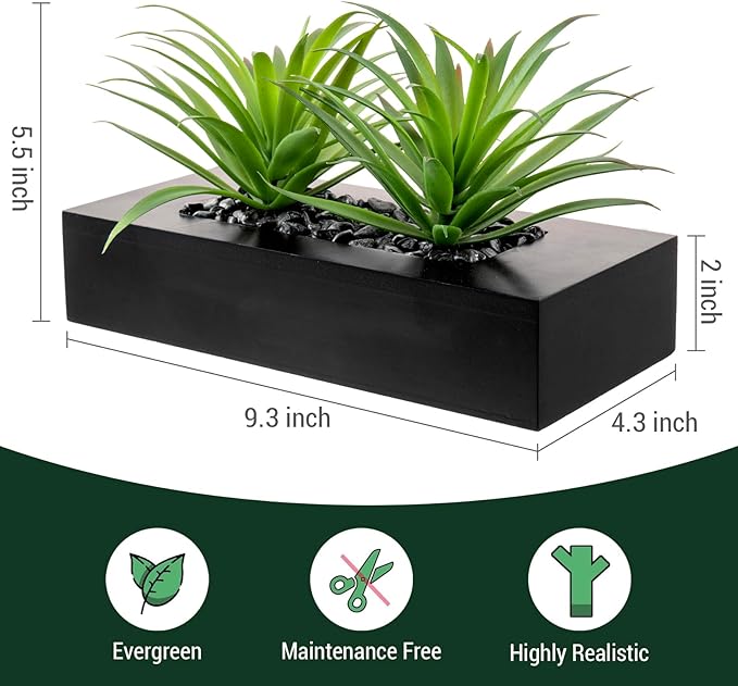 MyGift 10 Inch Fake Grass Artificial Plants in Rectangular Black Wood Planter - Faux Plants Indoor for Tabletop Centerpiece Décor