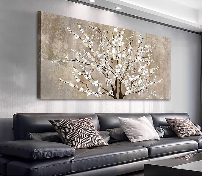 Flower Canvas Wall Art for Living Room Plum Blossom Pictures for Bedroom Wall Decor Elegant Beige Brown Floral Painting Prints Artwork Home Wall Decorations Ready to Hang 24" x 48"