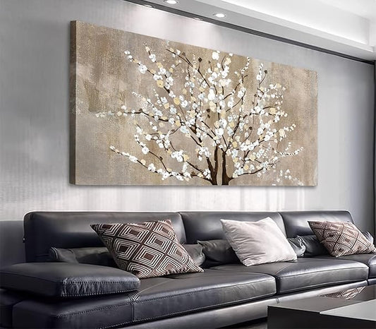 Flower Canvas Wall Art for Living Room Plum Blossom Pictures for Bedroom Wall Decor Elegant Beige Brown Floral Painting Prints Artwork Home Wall Decorations Ready to Hang 24" x 48"
