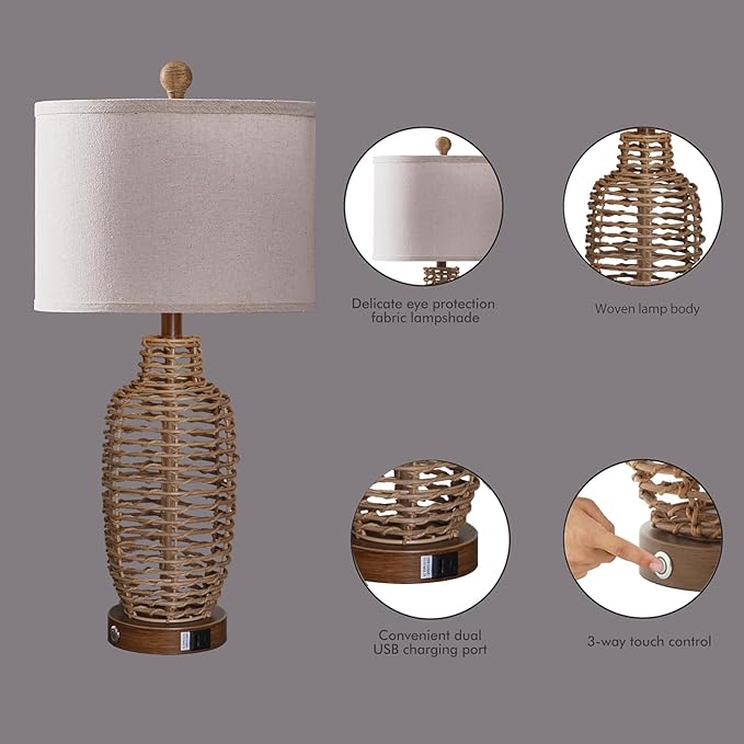 Rattan Table Lamps Set of 2 Wicker Lamps 3 Way Dimmable Touch Control Farmhouse Rustic Coastal Lamps with USB Port for Bedroom Living Room Office (LED Bulbs Included)
