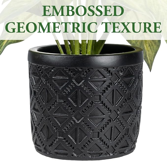 MyGift Artificial Arrowhead Plant Potted in Black Concrete Pot with Geometric Embossed Pattern, Faux Syngonium Podophyllum 'White Butterfly' Green Leaf Indoor Home Table Decor