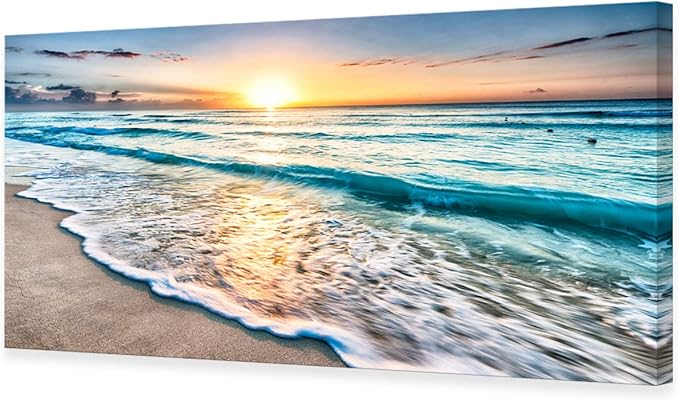 Baisuart S02275 Canvas Prints Wall Art Beach Sunset Ocean Waves Nature Pictures Stretched Pictures to Photo Paintings on Canvas for Home Office Decorations Wall Décor XXLarge 30x60inch