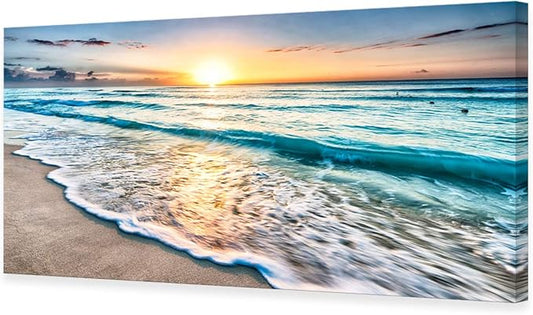 Baisuart S02275 Canvas Prints Wall Art Beach Sunset Ocean Waves Nature Pictures Stretched Pictures to Photo Paintings on Canvas for Home Office Decorations Wall Décor XXLarge 30x60inch