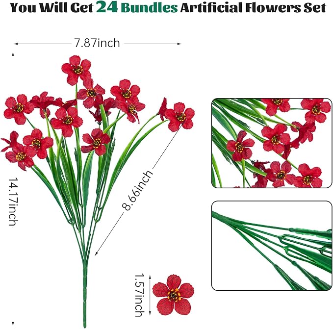 Lnoicy 24 Pcs Artificial Flowers for Outdoor,Plastic Flowers Decoration, UV Resistant Faux Flowers Shrubs, Artificial Plants for Indoor Outside Garden Home Wedding Farmhouse(Red)
