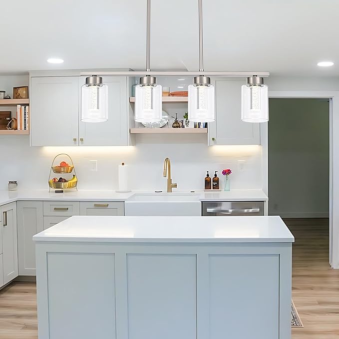 5CCT LED Brushed Nickel Pendant Light Fixtures LED Integrated Bulbs Included, 4-Light Farmhouse Chandedlier for Dining Room, Clear Glass Kitchen Island Light Fixture