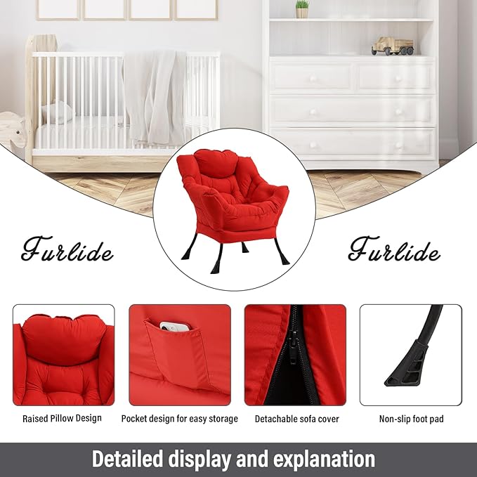 Modern Lazy Chair with Folding Footrest, Lounge Accent & Comfortable Reading Chair (Red)