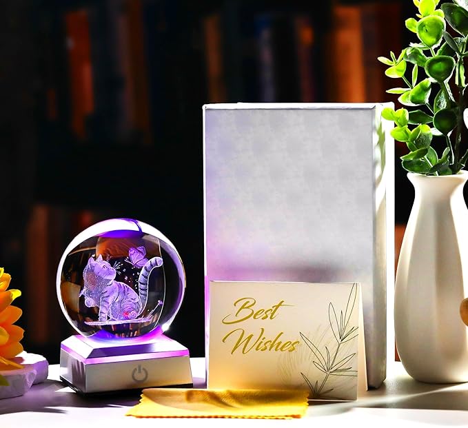 3D Cat Themed Gifts for Women, Mom - 3.15in Crystal Ball Engraved Cat Butterflies with LED Light Base - Mother's Day Birthday Cat Night Light Figurine for Home Decor