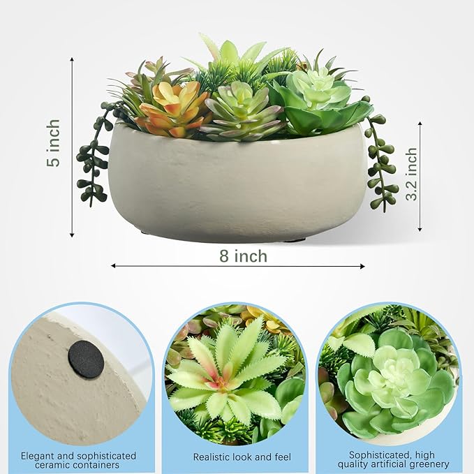 8 Inch Round Artificial Succulent Plants Potted Indoor with Ceramic Pot - Fake Low Maintenance Plants for Bedroom, Bathroom, Coffee Table Decor - Home Office Desk & Room Aesthetics