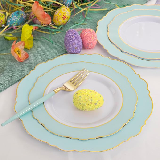 WDF 30Guest Mint Green Plastic Plates & Disposable Gold Silverware With Green Handle-Baroque Green &Gold Plastic Dinnerware for Upscale Party/Picnic/Birthday