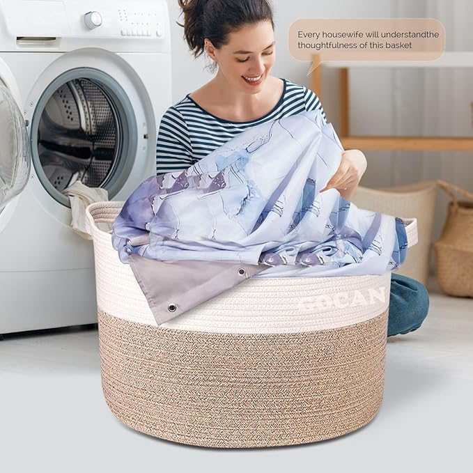Extra Large Laundry Basket toy storage 22"X22"X14" blanket basket Cotton Rope Woven Baskets with Handles for Living Room (Brown/Beige) XXXL