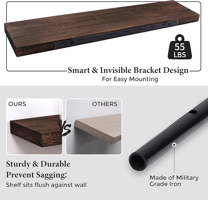 Axeman Floating Shelves, 8 Inch Deep Rustic Solid Wood Wall Shelves for Storage, Wall Mounted Display Shelving with Invisible Heavy-Duty Metal Bracket, 36" W x 8" D x 1.6" H, Rustic Brown
