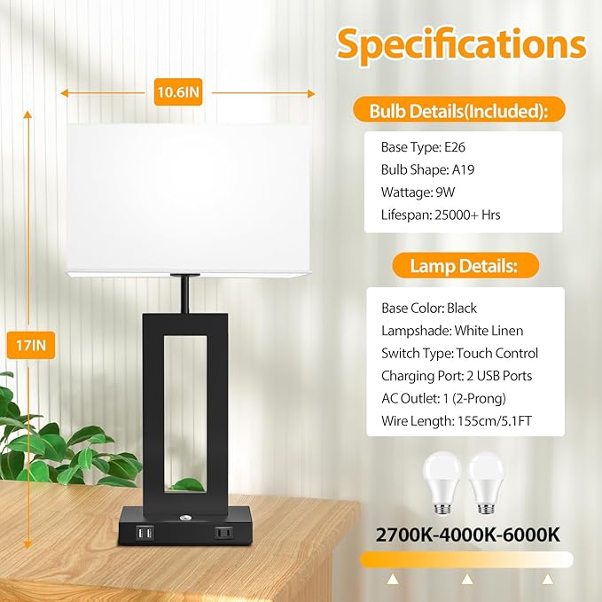 Set of 2 Table Lamps for Bedrooms, 3-Color Temperatures Touch Control Bedside Lamps with 2 USB Ports&AC Outlet, Stepless Dimmable Living Room Lamps for Nightstand, Bulbs Included, White&Black