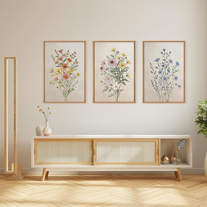 HPINUB Colorful Wildflower Canvas Framed Wall Art Set,Minimalist Botanical Floral Wall Decor,Vintage Flower Artwork,Modern Watercolor Boho Bouquet Art Print for Living Room,Bedroom,Farmhouse-24"x36"x3