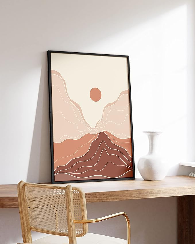 HAUS AND HUES Mountain Wall Art - Framed Boho Art, Abstract Art Prints, Minimalist Wall Art, Boho Framed Art Prints for Wall, Terracotta Wall Decor (Black Framed, 24x36)