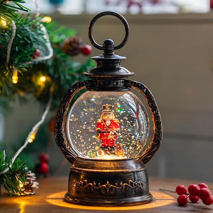 Musical Snow Globe Lantern Lighted Nutcracker Christmas Snow Water Lantern Swirling Glittering Home Decoration and Gift, Battery Operated or USB Powered