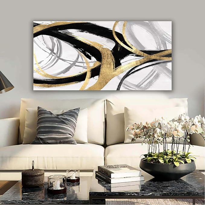 Abstract Canvas Prints Black And White Wall Art Pictures for Wall Decoration Gold Posters Graffiti Artwork Decor for Bedroom Dinning Room Home Office Kitchen 24x48 In