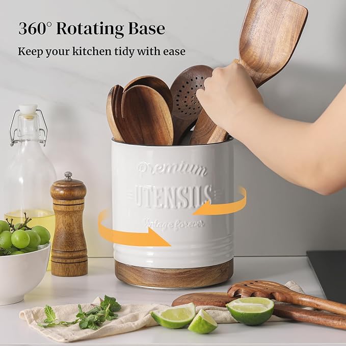 DOWAN 360° Rotating Extra Large Cooking Utensil Holder, 7.6" Kitchen Utensil Holder for Countertop, Utensil Crock for Farmhouse Kitchen Decor, Ceramic Stable Utensil Caddy, White Text