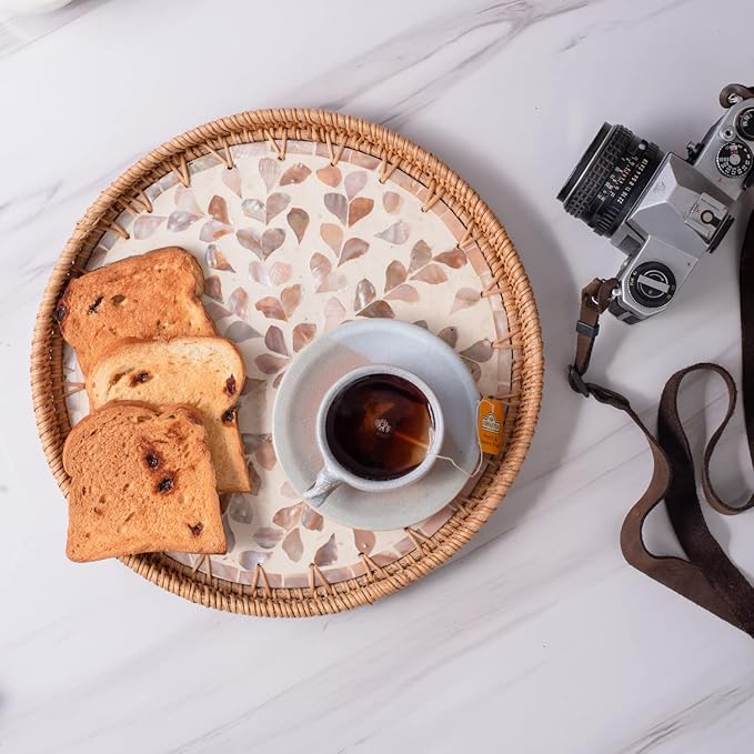 11.8' Wicker Round Rattan Mother of Pearl Serving Basket Tray for Décor Coffee Table | Large Boho Circle Woven Decorative Trays for Outdoor, Home, Kitchen Display (Leaf)
