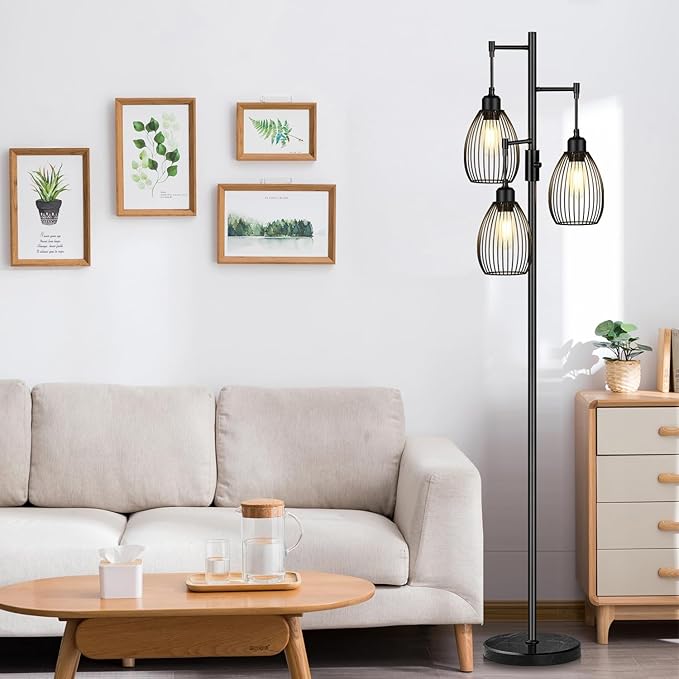 Torondo 70" Dimmable Floor Lamp with Marble Base, 3 x 800LM LED Edison Bulbs Included, Industrial Black Floor Lamps for Living Room, Rustic Tall Lamps Standing Lamp for Bedrooms Living Room