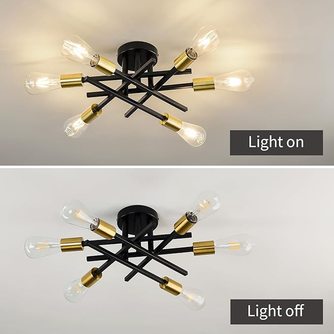 6-Lights Sputnik Semi Flush Mount Ceiling Light Fixture Modern Metal Black and Gold Chandeliers with E26 Bulb Base Close to Ceiling Light for Kitchen Dining Room Living Room Hallway Bedroom