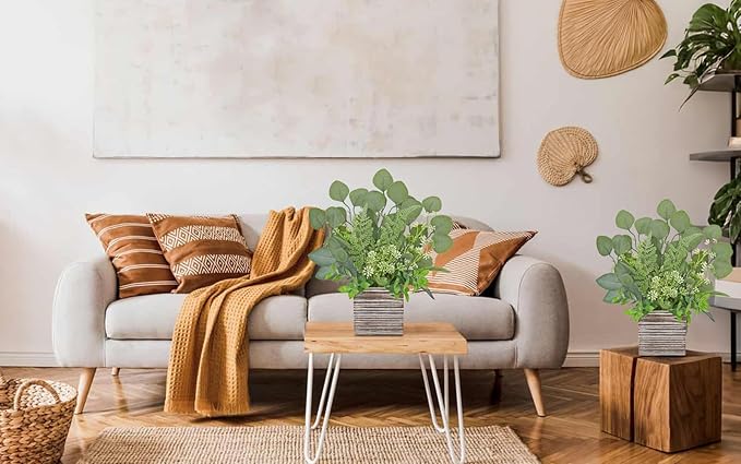 Hollyone 2Pcs Artificial Eucalyptus Plant in Rustic Wood Planter 14" Faux Eucalyptus Fern Greenery Arrangement Potted Plant Centerpiece for Farmhouse Home Indoor Wedding Table Shelf Kitchen Decor