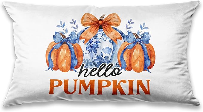 Chinoiserie Fall Hello Pumpkin Pillow Covers 20x12,Autumn Decor,Blue and White Orange Chinoiserie Pumpkin Decorative Throw Pillow Covers for Home Bedroom Living Room