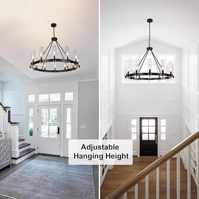 36 Inch Black Wagon Wheel Chandelier with Glass Shade, 12-Lights Farmhouse High Ceiling Chandeliers, Large Round Modern Black Chandeliers for Dining Room Living Room Bedroom Foyer