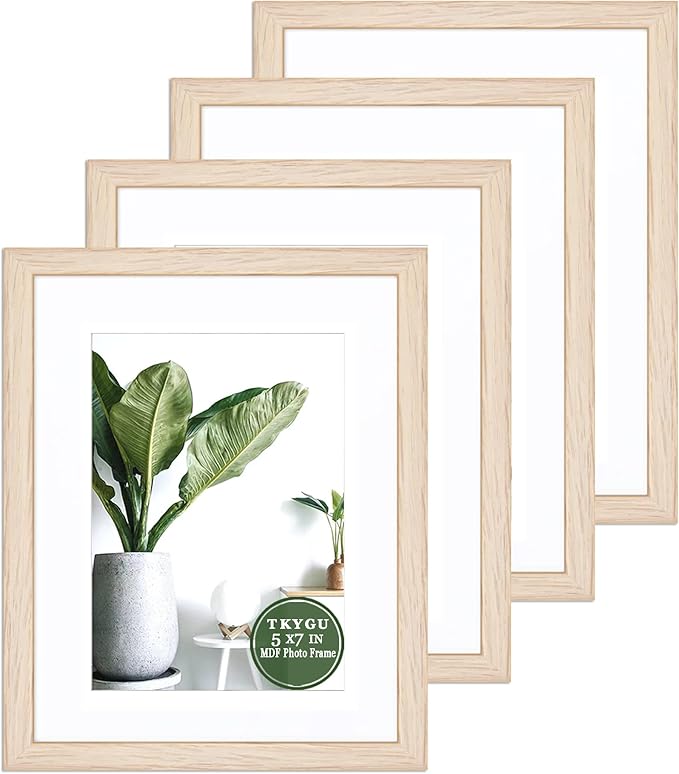 5x7 Natural picture frame with mat 4x6 set of 4, Modern Style Wood Composite frames-Tempered Glass Table or wall-horizontal or vertical frames best gift home decor