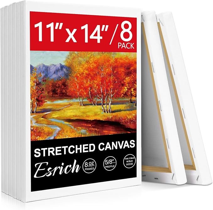 ESRICH Stretched Canvas for Painting, 8 Pack Canvases for Painting 11x14, 5/8 in Profile Primed White Painting Canvas for Oil & Acrylic Paint.