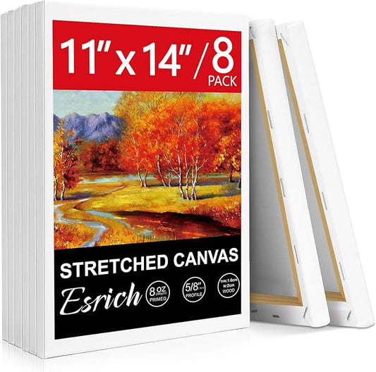 ESRICH Stretched Canvas for Painting, 8 Pack Canvases for Painting 11x14, 5/8 in Profile Primed White Painting Canvas for Oil & Acrylic Paint.