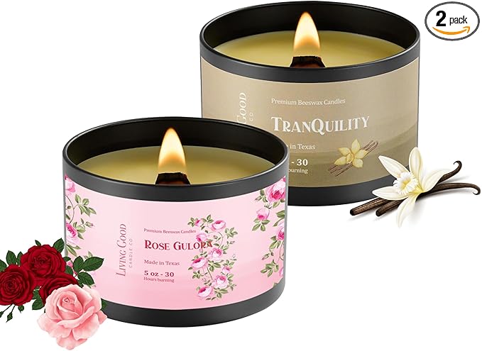 Tranquility & Rose Gulora Pure Beeswax Candle Bundle – 30+ Hours Long Burning Classically Designed Non-Toxic Scented Candles for Home Decor and Aromatherapy with Natural Fragrance - 5 oz (Each)