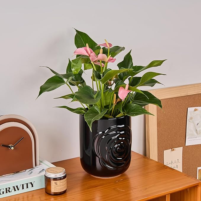 Black Ceramic Utensil Holder Set of 2 - Rose Carved Design, Kitchen Countertop Utensil Organizer for Spatula, Spoon & Cooking Tools, Large (7.5") & Small (5.5"), Farmhouse Kitchen Counter Decor