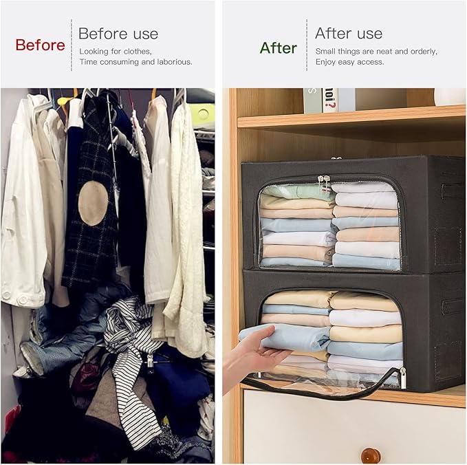 2 Pack Clothes Storage Bins Foldable Metal Frame Storage Box Linen Fabric Organizer Set with Carrying Handles and Clear Window (Black, 15.7x 11.8x 7.8Inch)