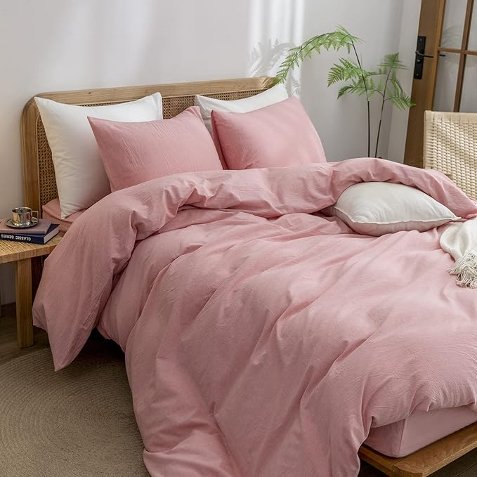 BESTOUCH Duvet Cover Set 100% Washed Cotton Linen Feel Super Soft Comfortable Chic Lightweight 3 PCs Home Bedding Set Solid Red Pink Cal King