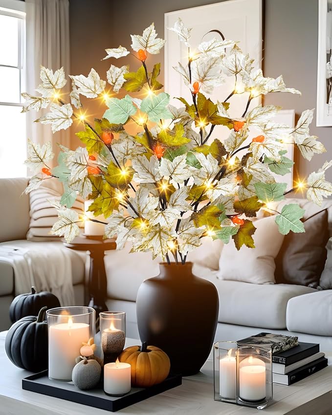 3 Pack Artificial Fall Maple Leaves Stems with 15 Acorn 60 LED Lights Battery Operated Lighted Autumn Maple Branches for Vases Fall Home Thanksgiving Table Decoration