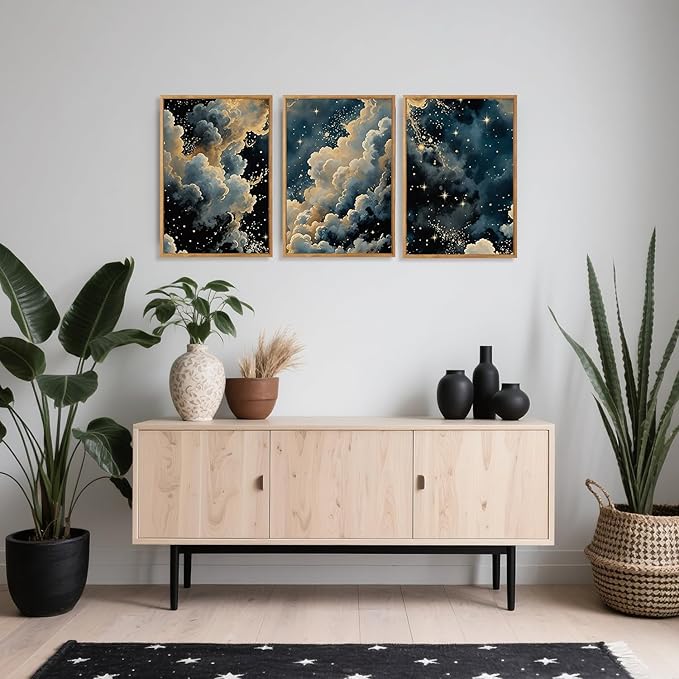HPINUB Misty Starry Sky Framed Canvas Wall Art Set, Rustic Nature White Clouds&Stars Wall Decor, Mystical Starry Night Landscape Art Print Dreamy Painting for Living Room, Bedroom, Office - 16 x 24 x3